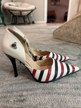 N.Y.L.A. Striped Pointed-Toe Ankle-Strap Pumps - White/Red/Navy